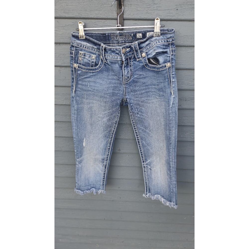 Miss Me 26 Signature Capri Jeans Cuffed Flap Pocket Light Wash Embellished